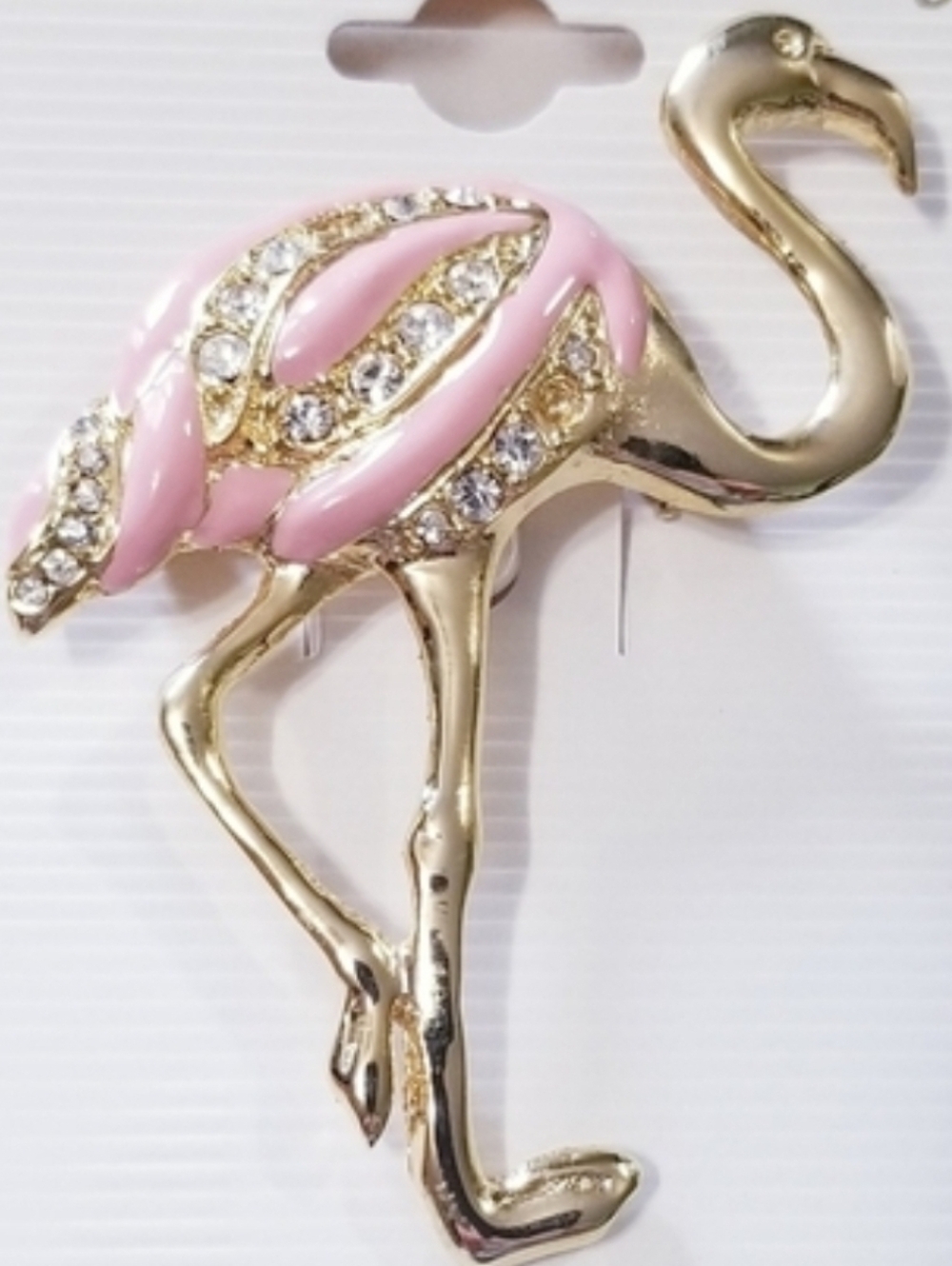 Flamingo Brooch Gold & Pink Enamel With Rhinestones New Vintage
